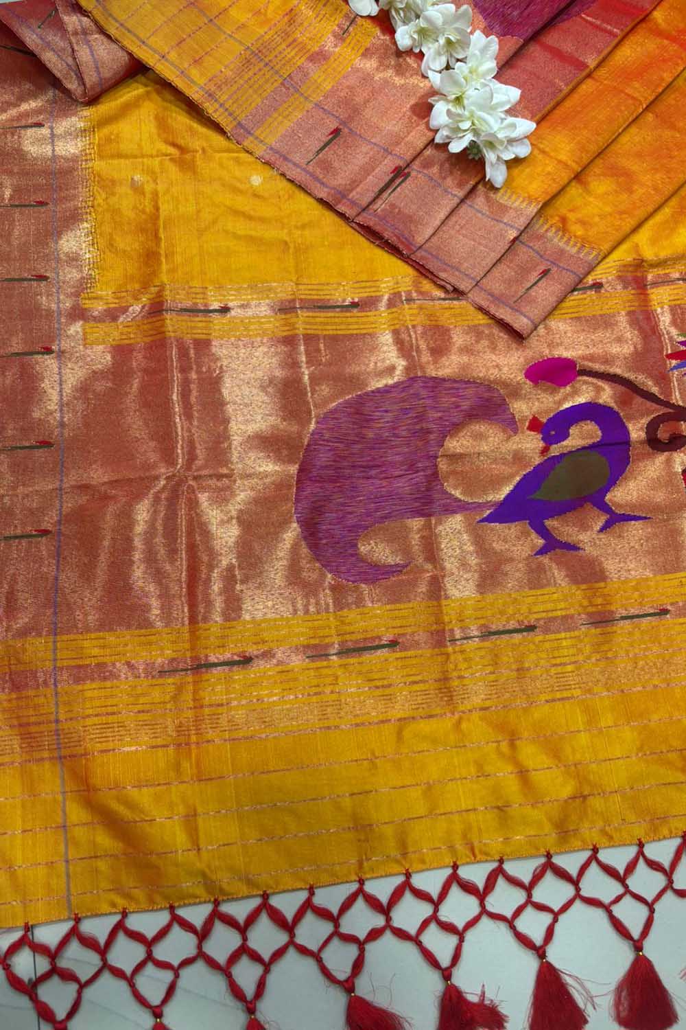Yellow Orange Paithani Handloom Pure Silk Peacock Design Muniya Border Dupatta - Luxurion World- Crafted Heirlooms