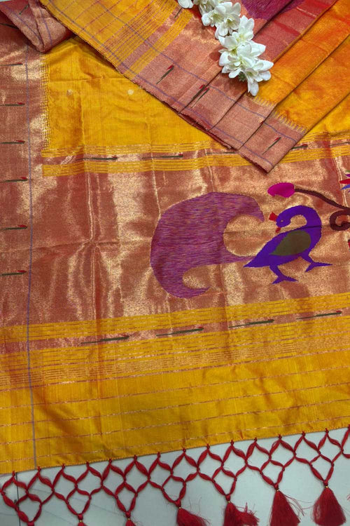 Yellow Orange Paithani Handloom Pure Silk Peacock Design Muniya Border Dupatta - Luxurion World- Crafted Heirlooms