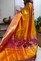 Yellow Orange Paithani Handloom Pure Silk Peacock Design Muniya Border Dupatta - Luxurion World- Crafted Heirlooms