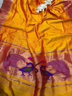 Yellow Orange Paithani Handloom Pure Silk Peacock Design Muniya Border Dupatta - Luxurion World- Crafted Heirlooms