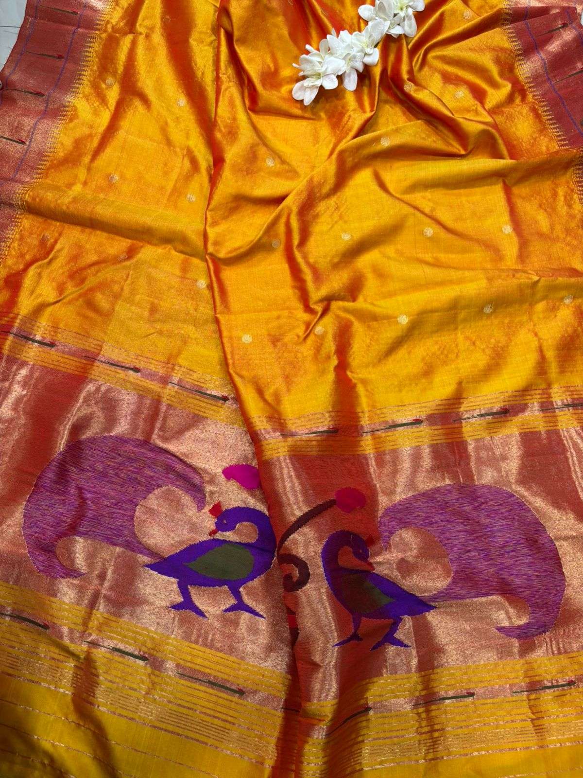 Yellow Orange Paithani Handloom Pure Silk Peacock Design Muniya Border Dupatta - Luxurion World- Crafted Heirlooms