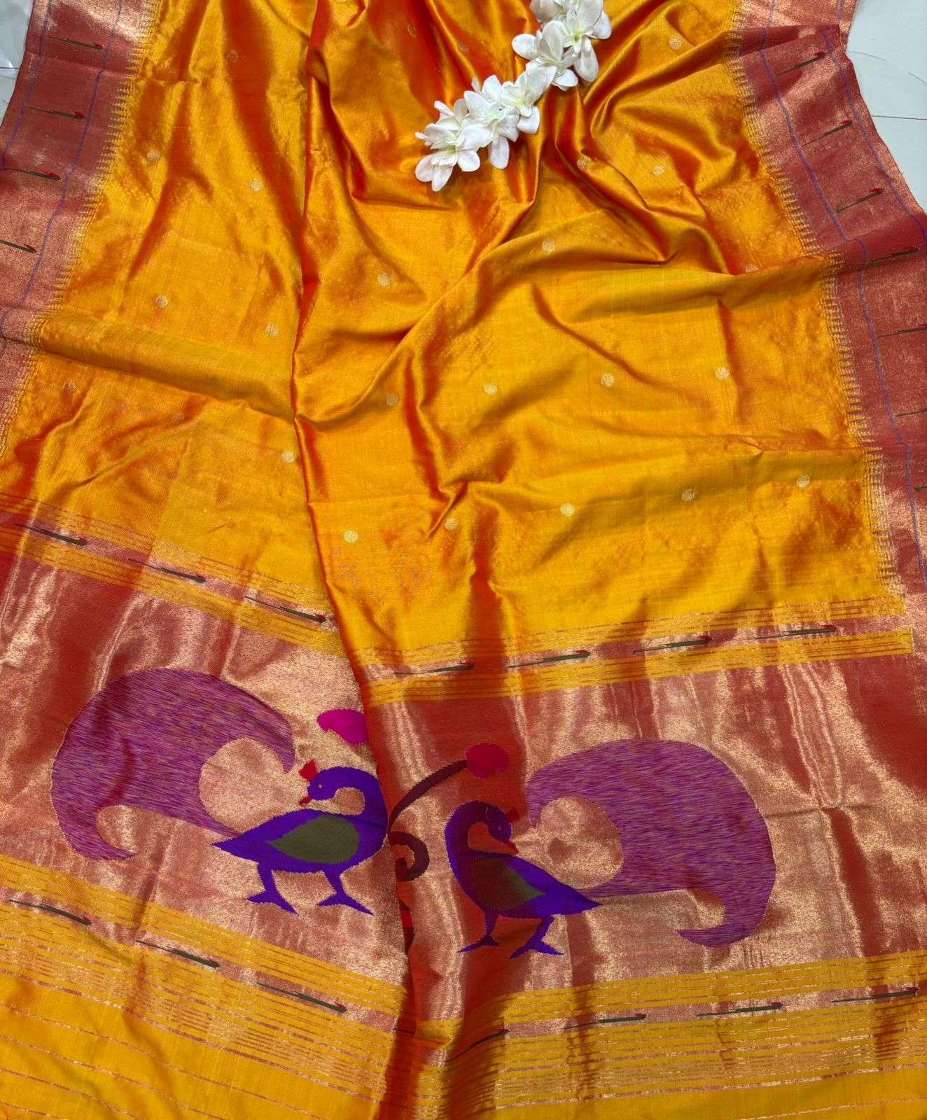 Yellow Orange Paithani Handloom Pure Silk Peacock Design Muniya Border Dupatta - Luxurion World- Crafted Heirlooms