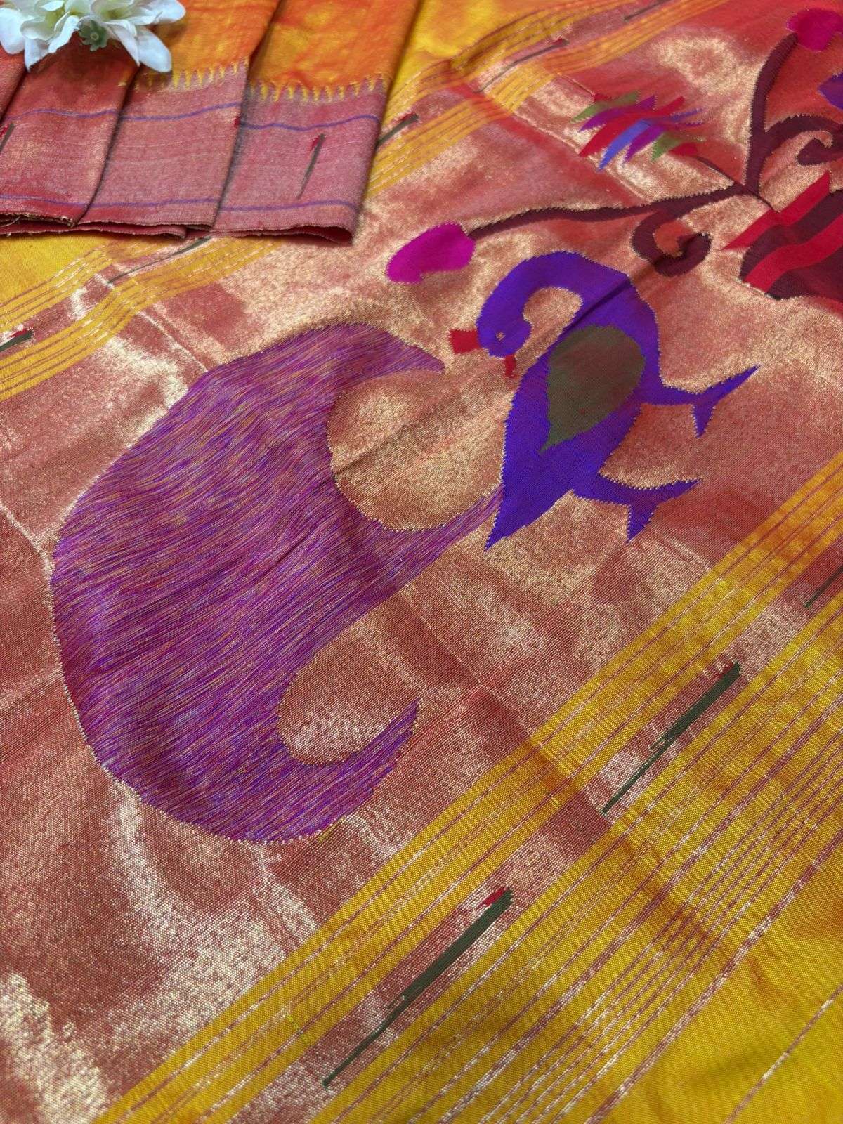 Yellow Orange Paithani Handloom Pure Silk Peacock Design Muniya Border Dupatta - Luxurion World- Crafted Heirlooms