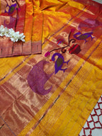 Yellow Orange Paithani Handloom Pure Silk Peacock Design Muniya Border Dupatta - Luxurion World- Crafted Heirlooms