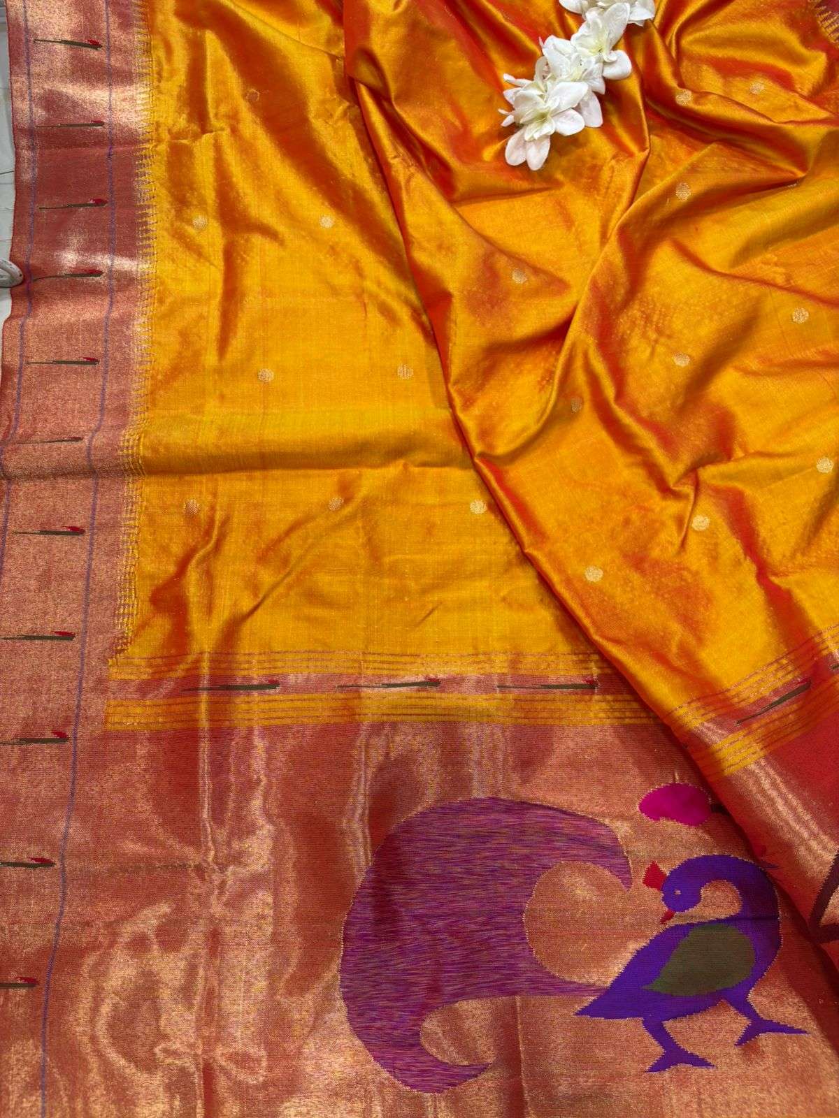 Yellow Orange Paithani Handloom Pure Silk Peacock Design Muniya Border Dupatta - Luxurion World- Crafted Heirlooms