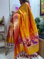 Yellow Orange Paithani Handloom Pure Silk Peacock Design Muniya Border Dupatta - Luxurion World- Crafted Heirlooms