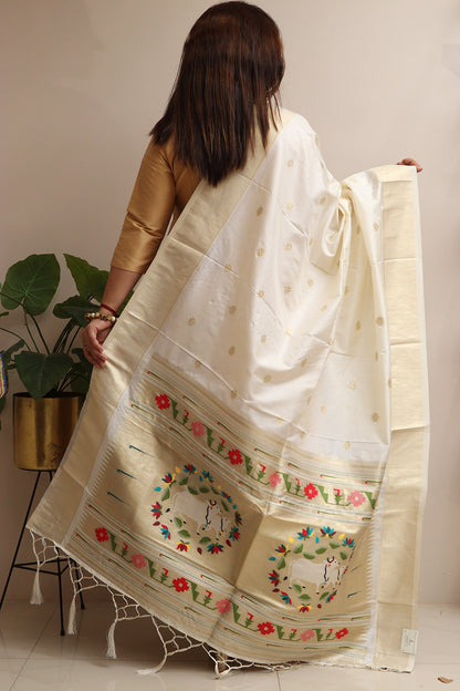 Elegant White Paithani Silk Pichwai Cow Design Dupatta - Luxurion World