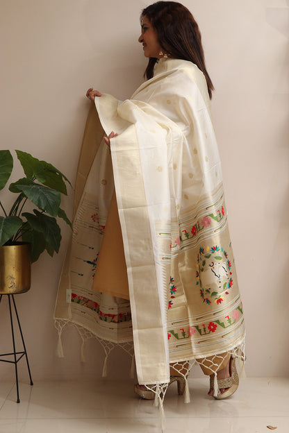 Elegant White Paithani Silk Pichwai Cow Design Dupatta - Luxurion World