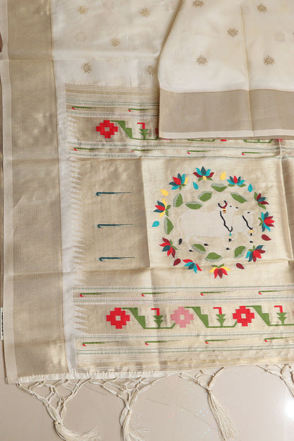 Elegant White Paithani Silk Pichwai Cow Design Dupatta - Luxurion World