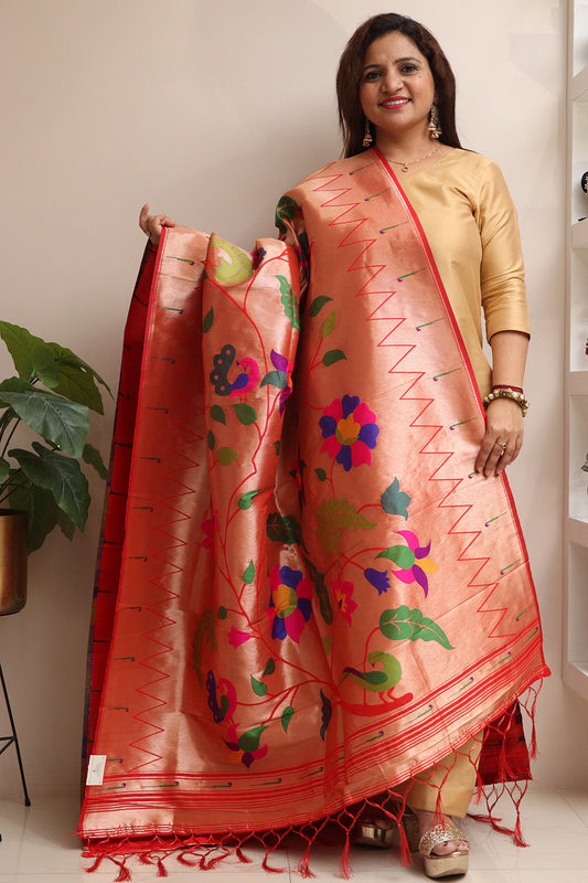 Elegant Red Paithani Silk Flower & Peacock Design Dupatta - Luxurion World