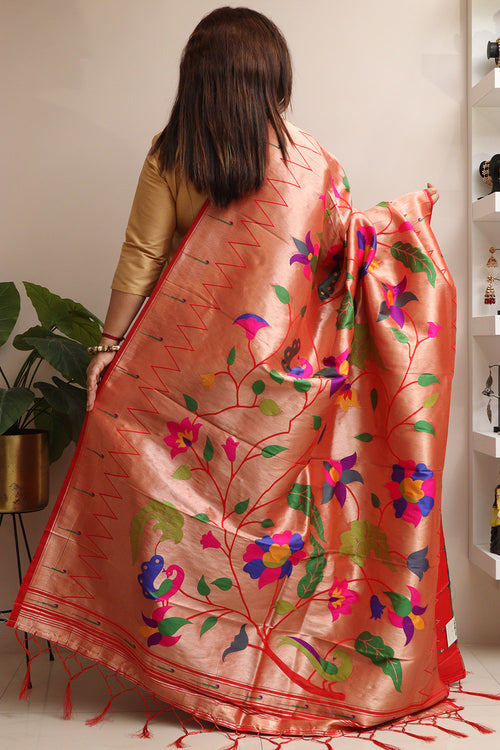 Elegant Red Paithani Brocade Silk Flower & Peacock Design Dupatta - Luxurion World