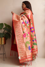 Elegant Red Paithani Brocade Silk Flower & Peacock Design Dupatta - Luxurion World
