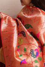 Elegant Red Paithani Brocade Silk Flower & Peacock Design Dupatta - Luxurion World