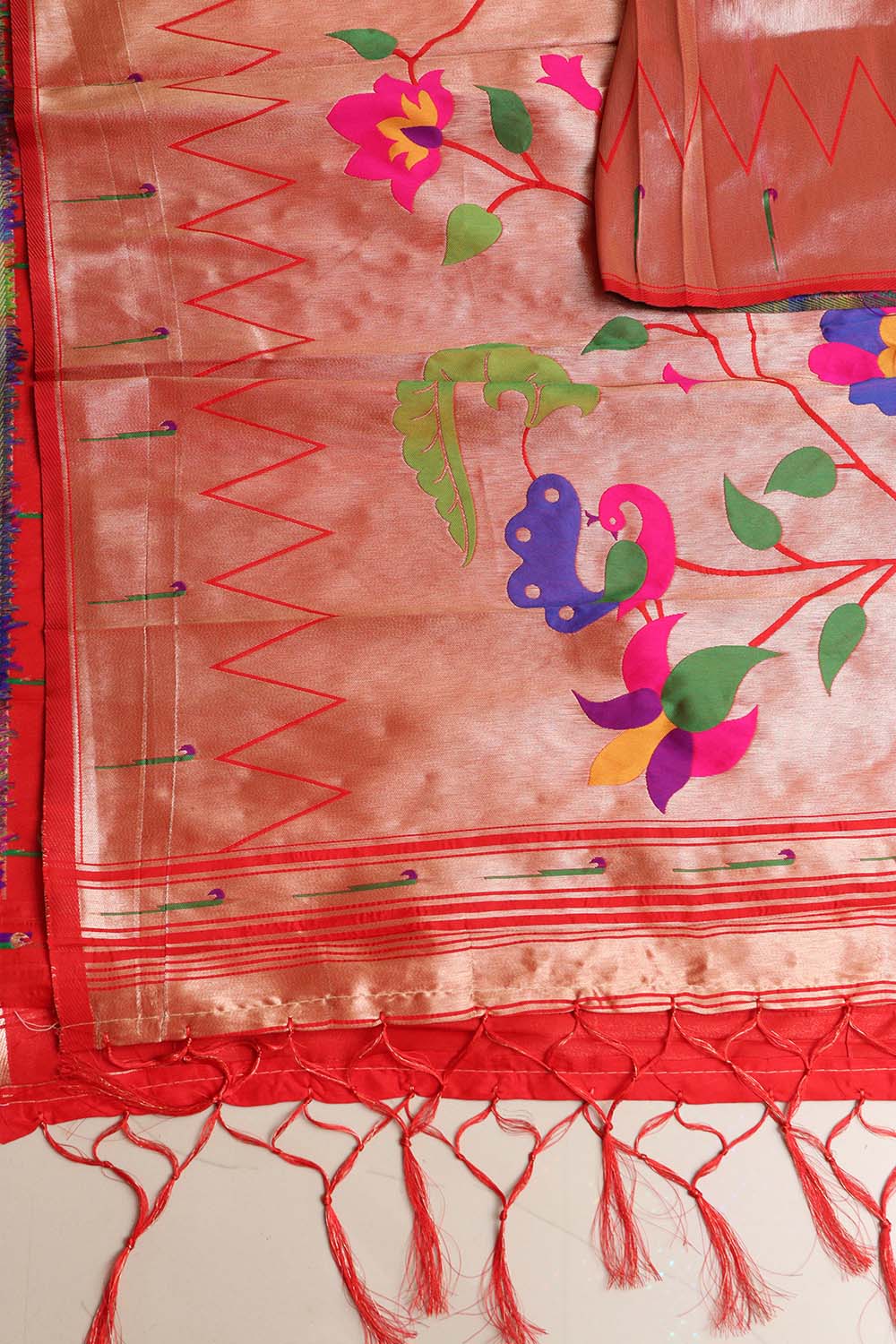 Elegant Red Paithani Silk Flower & Peacock Design Dupatta - Luxurion World