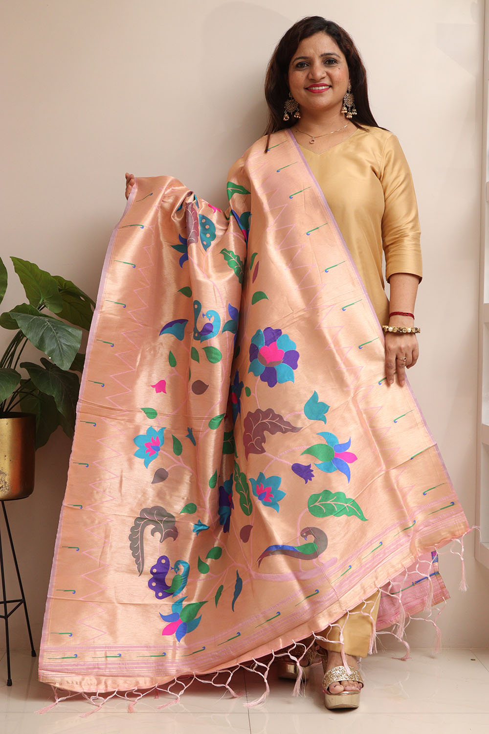 Stunning Pink Paithani Silk Flower & Peacock Design Dupatta- Elegant Ethnic Wear - Luxurion World
