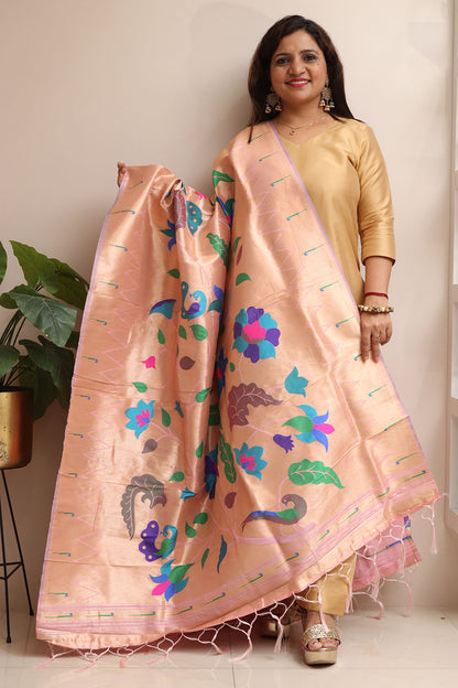 Stunning Pink Paithani Silk Flower & Peacock Design Dupatta- Elegant Ethnic Wear - Luxurion World