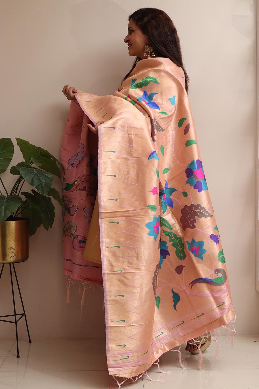 Stunning Pink Paithani Silk Flower & Peacock Design Dupatta- Elegant Ethnic Wear - Luxurion World