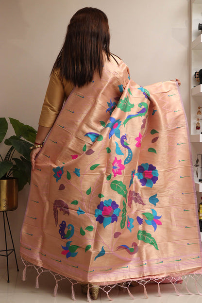 Stunning Pink Paithani Silk Flower & Peacock Design Dupatta- Elegant Ethnic Wear - Luxurion World