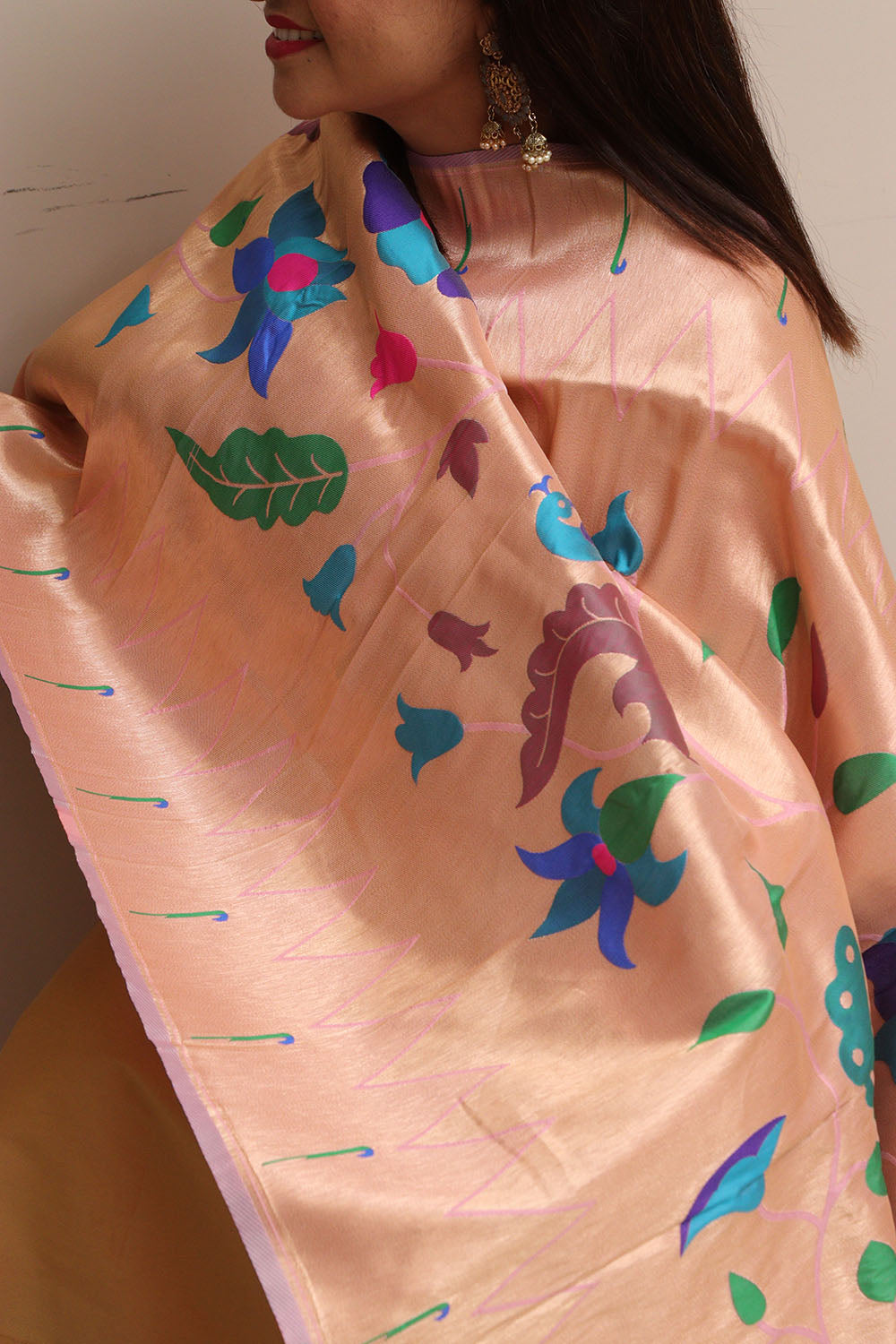 Stunning Pink Paithani Silk Flower & Peacock Design Dupatta- Elegant Ethnic Wear - Luxurion World
