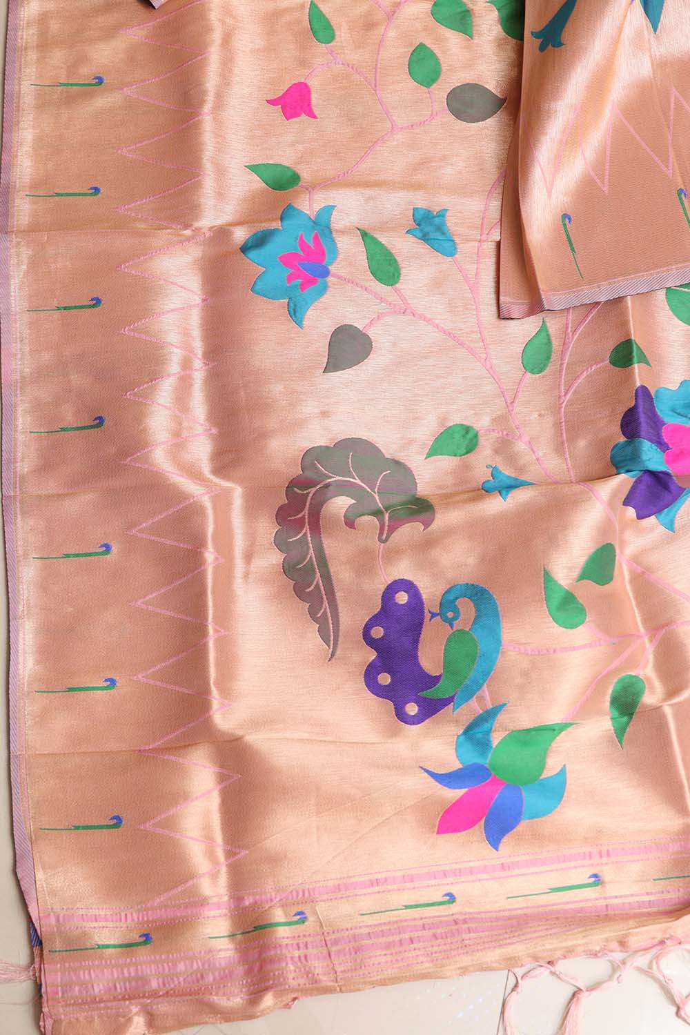Stunning Pink Paithani Silk Flower & Peacock Design Dupatta- Elegant Ethnic Wear - Luxurion World