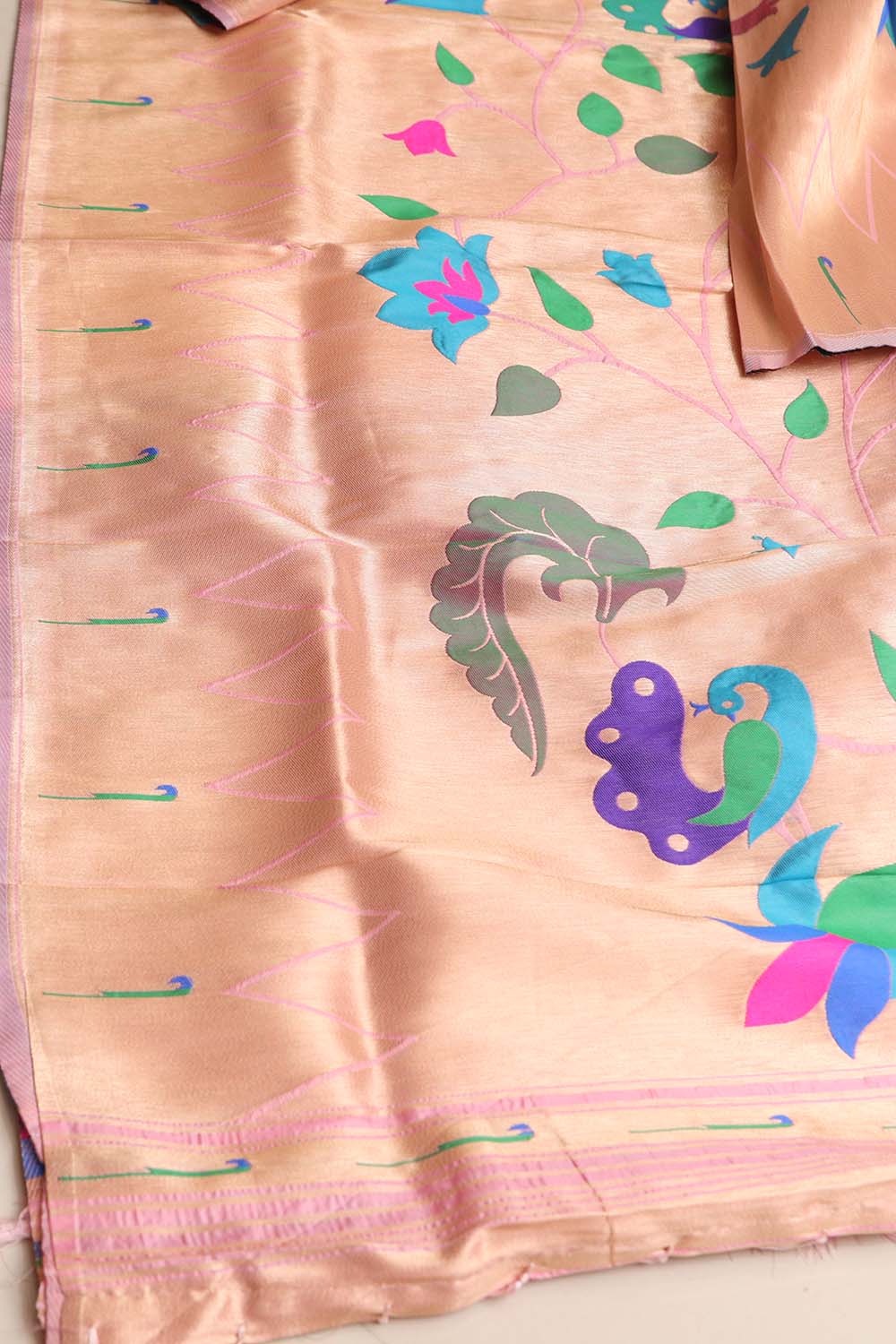 Stunning Pink Paithani Silk Flower & Peacock Design Dupatta- Elegant Ethnic Wear - Luxurion World