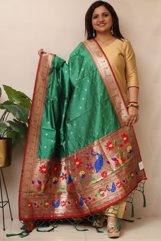 Stunning Green Paithani Silk Flower & Peacock Design Dupatta - Elegant Ethnic Wear - Luxurion World