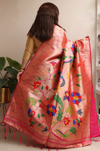 Beautiful Pink Paithani Silk Flower & Peacock Design Dupatta - Elegant and Stylish - Luxurion World