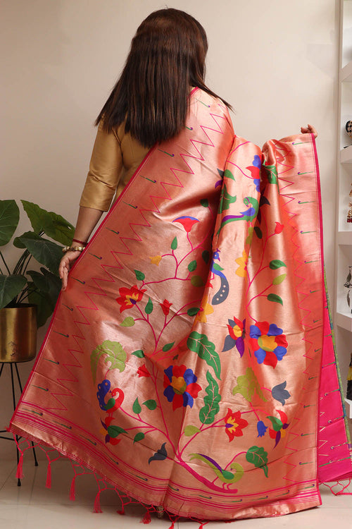Beautiful Pink Paithani Silk Flower & Peacock Design Dupatta - Elegant and Stylish - Luxurion World