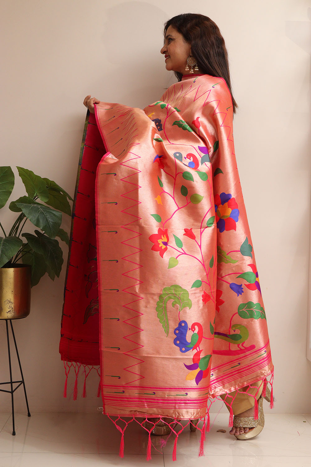 Beautiful Pink Paithani Silk Flower & Peacock Design Dupatta - Elegant and Stylish - Luxurion World