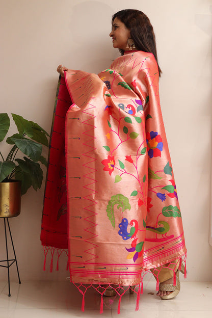 Beautiful Pink Paithani Silk Flower & Peacock Design Dupatta - Elegant and Stylish - Luxurion World