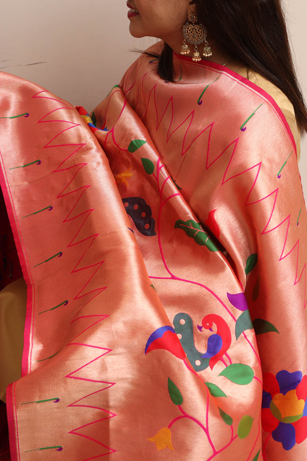 Beautiful Pink Paithani Silk Flower & Peacock Design Dupatta - Elegant and Stylish - Luxurion World