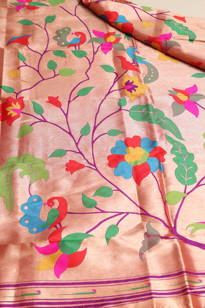 Beautiful Pink Paithani Silk Flower & Peacock Design Dupatta - Elegant and Stylish - Luxurion World