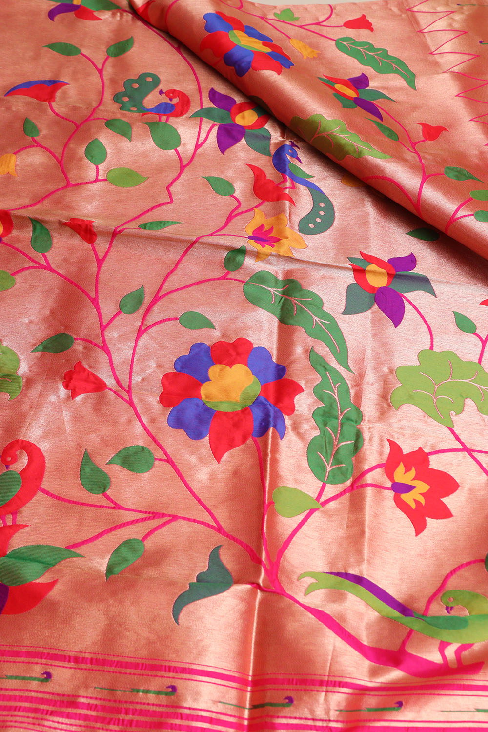Beautiful Pink Paithani Silk Flower & Peacock Design Dupatta - Elegant and Stylish - Luxurion World