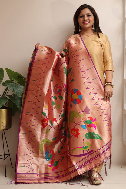 Elegant Purple Paithani Silk Flower & Peacock Design Dupatta - Luxurion World