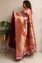 Elegant Purple Paithani Silk Flower & Peacock Design Dupatta - Luxurion World