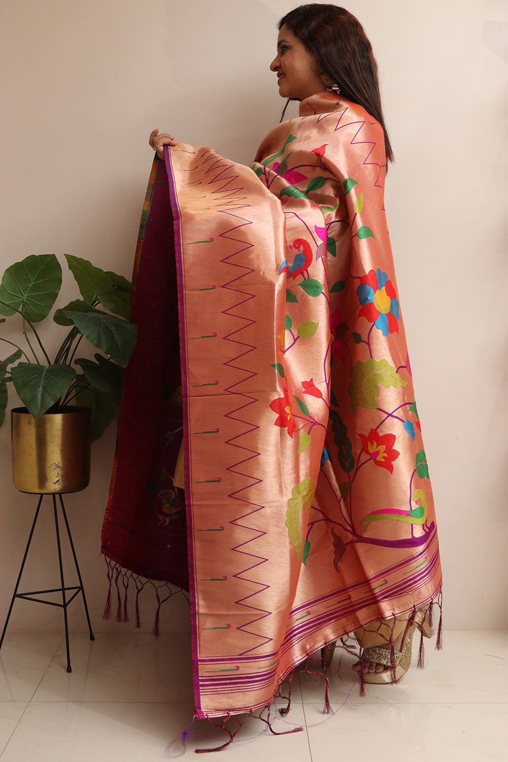 Elegant Purple Paithani Silk Flower & Peacock Design Dupatta - Luxurion World