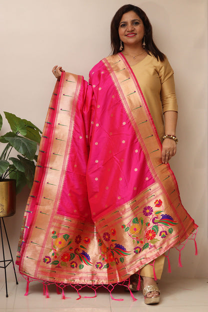 Elegant Pink Paithani Silk Flower & Peacock Design Dupatta - Luxurion World