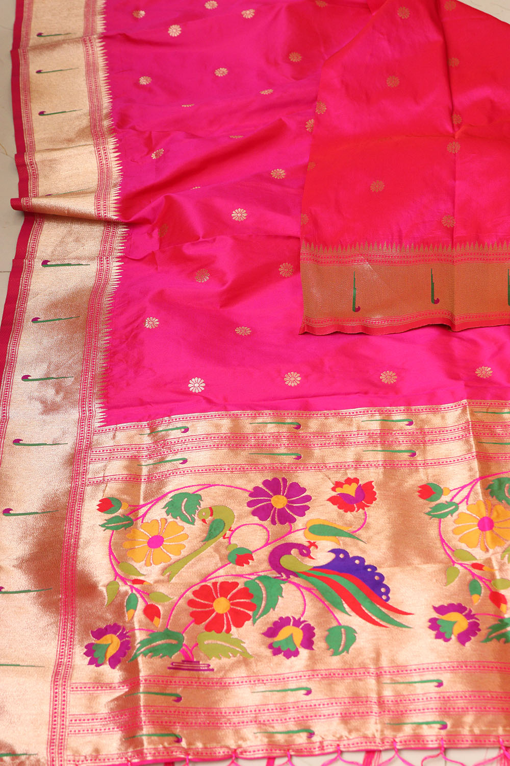 Elegant Pink Paithani Silk Flower & Peacock Design Dupatta - Luxurion World