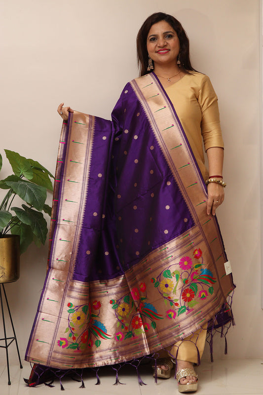 Elegant Purple Paithani Silk Flower & Peacock Design Dupatta - Luxurion World