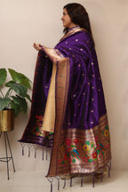 Elegant Purple Paithani Silk Flower & Peacock Design Dupatta - Luxurion World