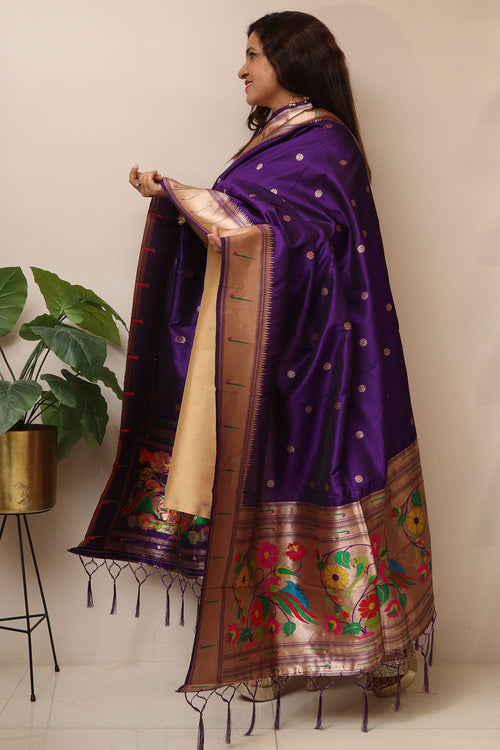Elegant Purple Paithani Silk Flower & Peacock Design Dupatta - Luxurion World