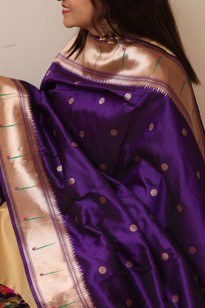 Elegant Purple Paithani Silk Flower & Peacock Design Dupatta - Luxurion World