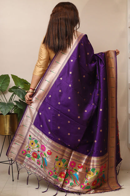 Elegant Purple Paithani Silk Flower & Peacock Design Dupatta - Luxurion World