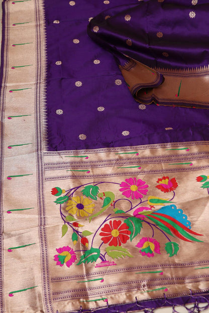 Elegant Purple Paithani Silk Flower & Peacock Design Dupatta - Luxurion World