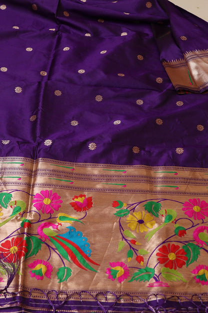 Elegant Purple Paithani Silk Flower & Peacock Design Dupatta - Luxurion World
