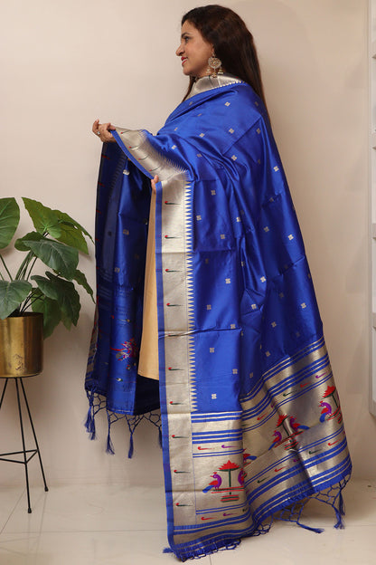 Elegant Blue Paithani Silk Peacock Design Dupatta - Luxurion World