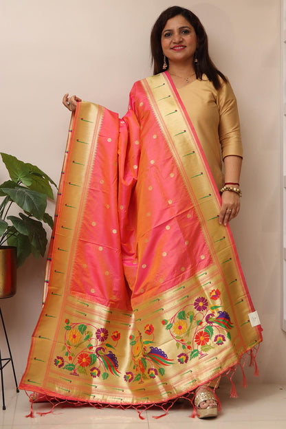 Beautiful Pink Paithani Silk Flower & Peacock Design Dupatta - Luxurion World