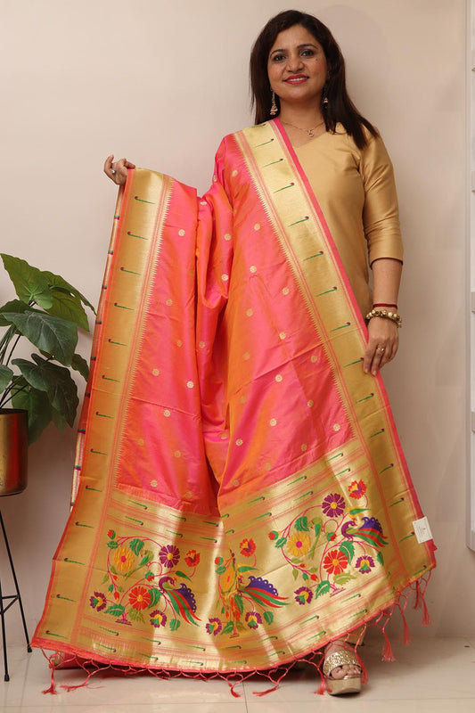 Beautiful Pink Paithani Silk Flower & Peacock Design Dupatta - Luxurion World