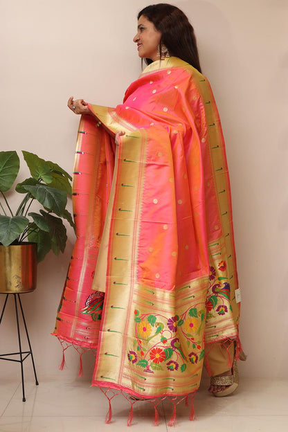 Beautiful Pink Paithani Silk Flower & Peacock Design Dupatta - Luxurion World