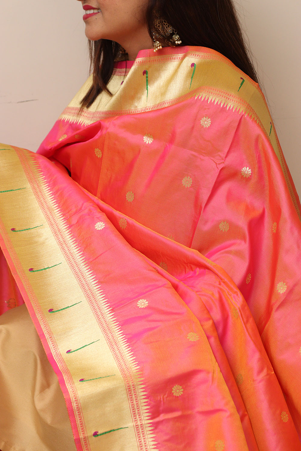 Beautiful Pink Paithani Silk Flower & Peacock Design Dupatta - Luxurion World